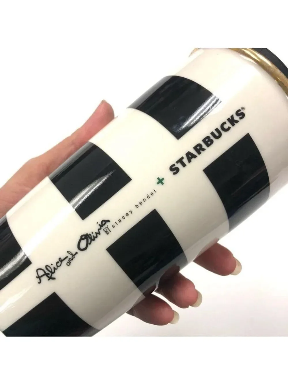 STARBUCKS x Alice and Olivia black white striped 12oz travel tumbler slide cap